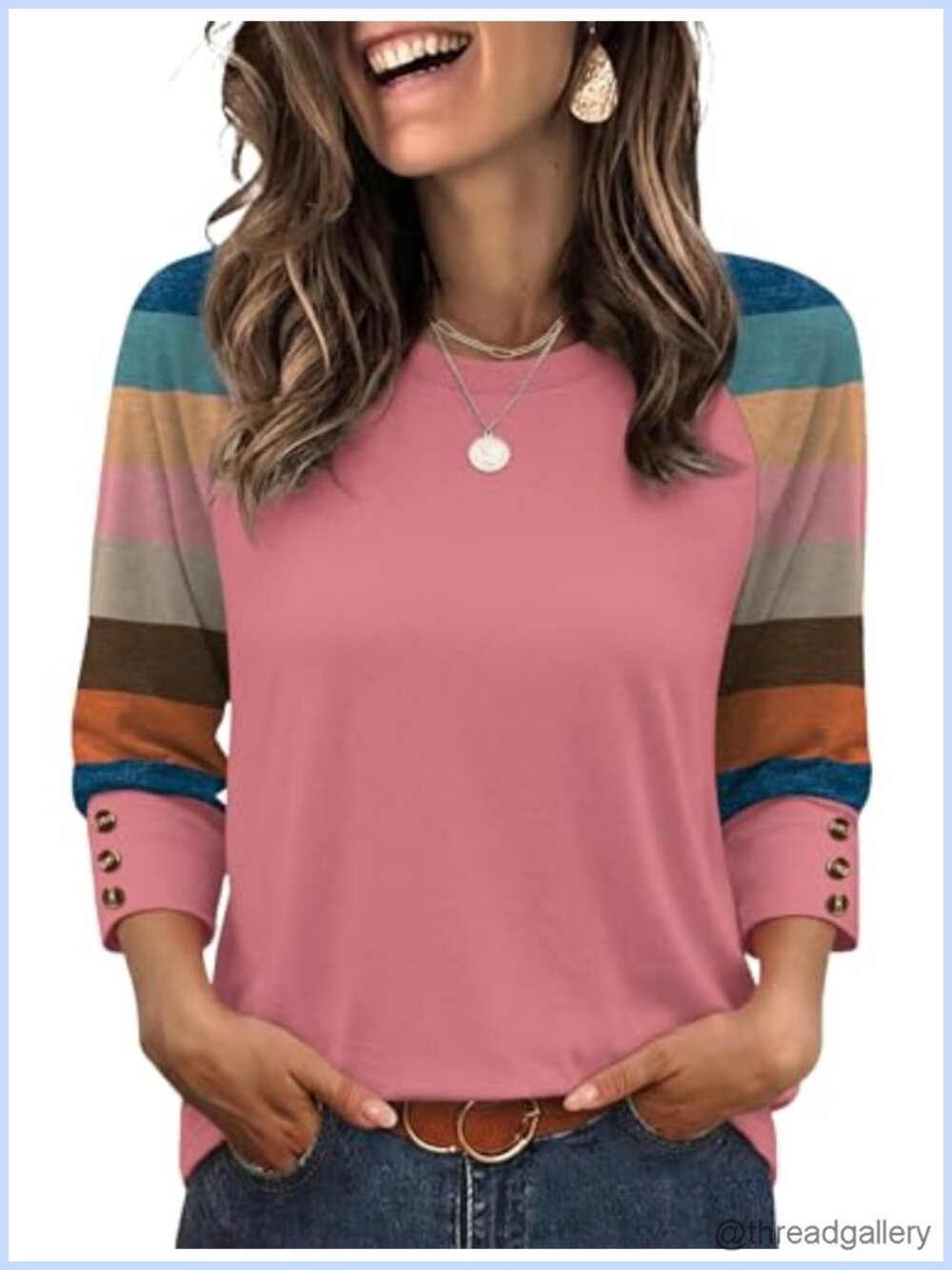 Womens 3/4 Sleeve Blouse Button Accent Raglan Color Block Dressy Casual Top